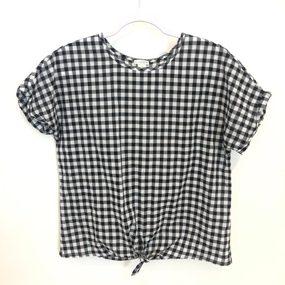 J. Crew Tops - J Crew Black White Gingham Plaid Tie Front Top S